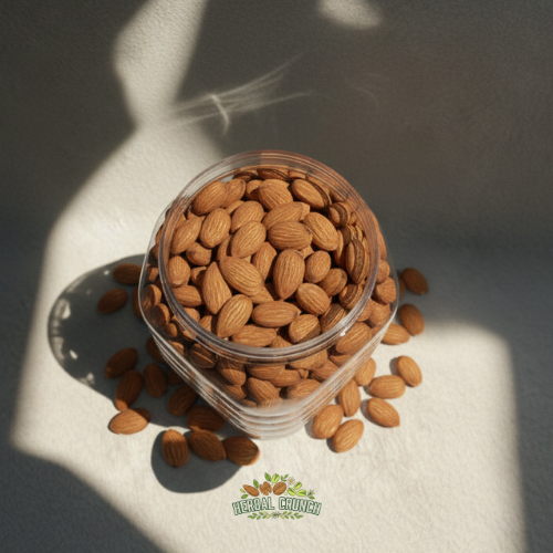 Jar of almonds with a visible brand logo on a textured surface